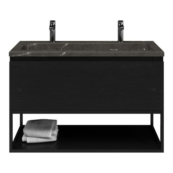 Domburg badmeubel 100 cm mat zwart eiken met natuurstenen Square wastafel blue stone, 2 kraangaten