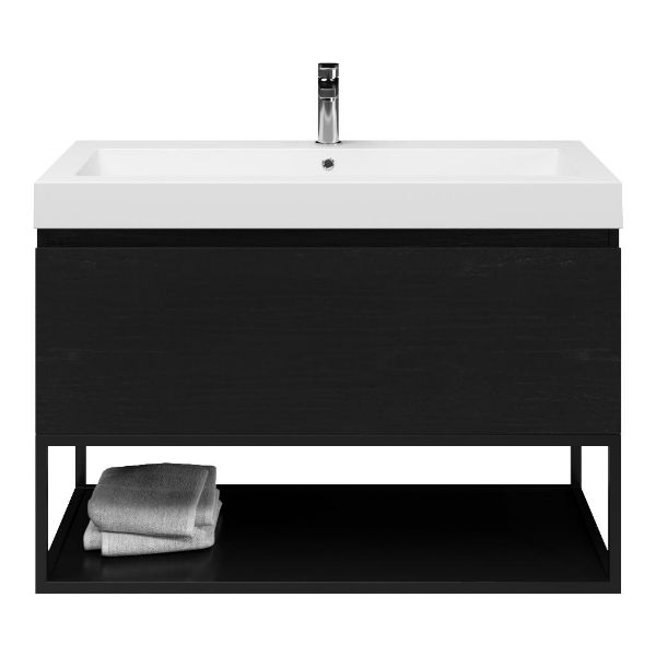 Domburg badmeubel 100 cm mat zwart eiken met polystone Cadzand wastafel wit glans, 1 kraangat