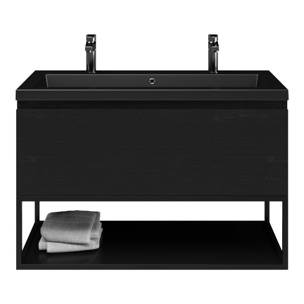 Domburg badmeubel 100 cm mat zwart eiken met polystone Cadzand wastafel zwart mat, 2 kraangaten