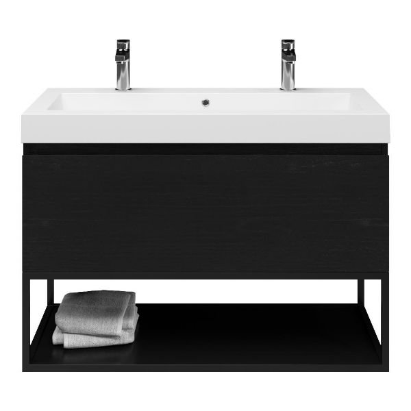 Domburg badmeubel 100 cm mat zwart eiken met polystone Cadzand wastafel wit glans, 2 kraangaten