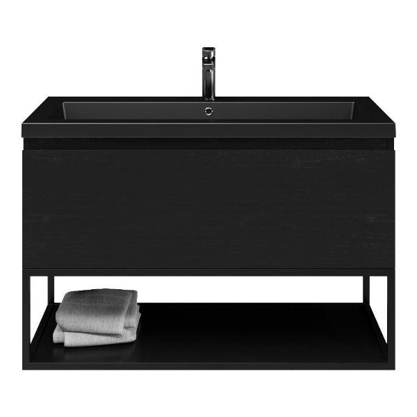 Domburg badmeubel 100 cm mat zwart eiken met polystone Cadzand wastafel zwart mat, 1 kraangat