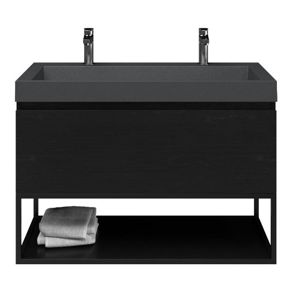 Domburg badmeubel 100 cm mat zwart eiken met polystone Haamstede wastafel grijs mat, 2 kraangaten