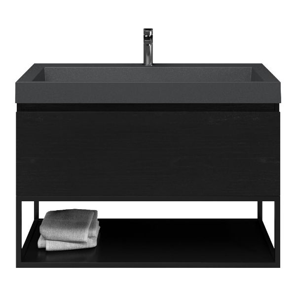 Domburg badmeubel 100 cm mat zwart eiken met polystone Haamstede wastafel grijs mat, 1 kraangat