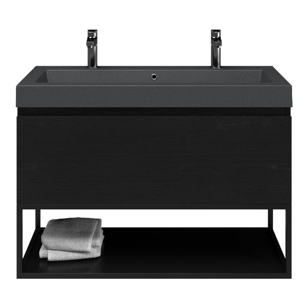 Domburg badmeubel 100 cm mat zwart eiken met quartz Cadzand-Q wastafel grijs mat, 2 kraangaten