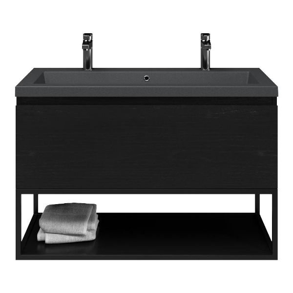 Domburg badmeubel 100 cm mat zwart eiken met quartz Cadzand-Q wastafel grijs mat, 2 kraangaten