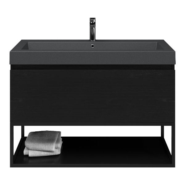 Domburg badmeubel 100 cm mat zwart eiken met quartz Cadzand-Q wastafel grijs mat, 1 kraangat, mat zwart metalen frame