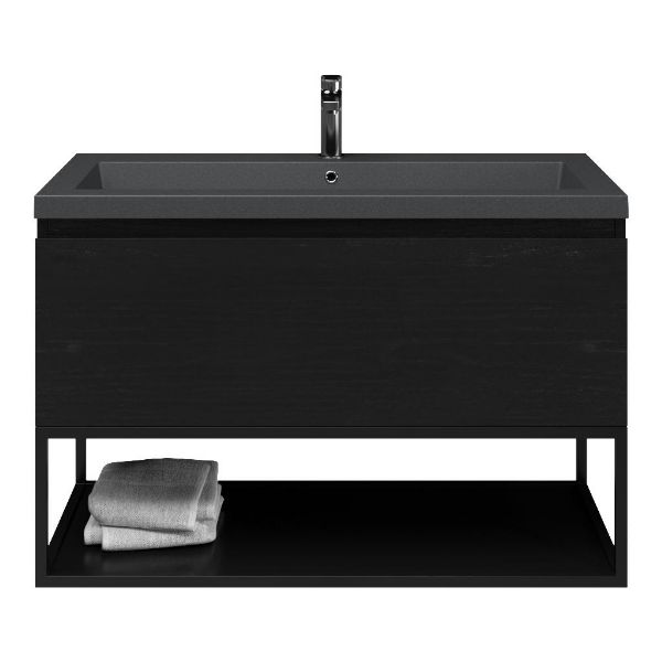 Domburg badmeubel 100 cm mat zwart eiken met quartz Cadzand-Q wastafel grijs mat, 1 kraangat, mat zwart metalen frame