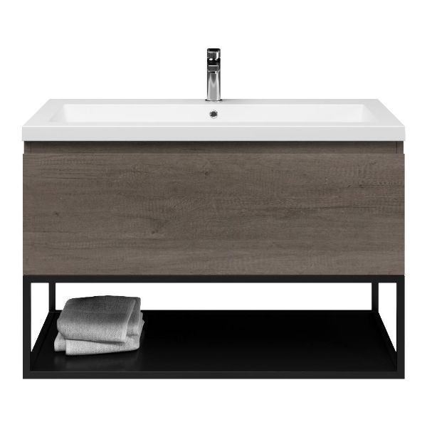 Domburg badmeubel 100 cm olm donker grijs met Cadzand wastafel wit mat, mat zwart metalen frame