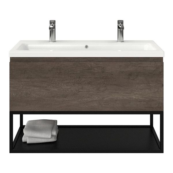 Domburg badmeubel 100 cm olm donker grijs met keramische Dishoek wastafel wit glans, 2 kraangaten