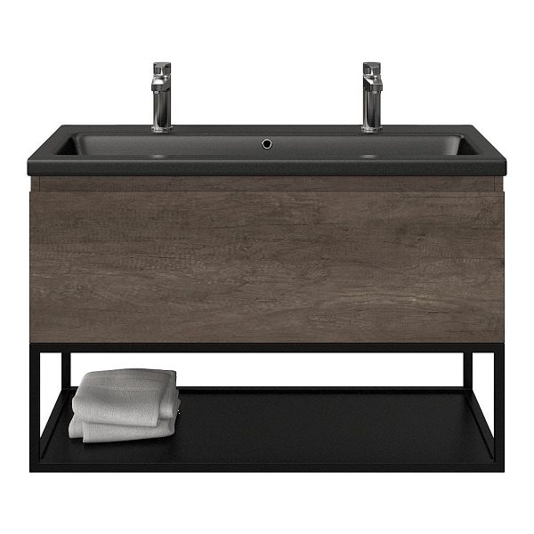Domburg badmeubel 100 cm olm donker grijs met keramische Dishoek wastafel zwart mat, 2 kraangaten