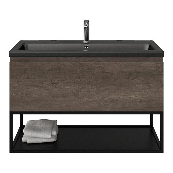 Domburg badmeubel 100 cm olm donker grijs met keramische Dishoek wastafel zwart mat, 1 kraangat