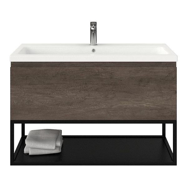 Domburg badmeubel 100 cm olm donker grijs met keramische Dishoek wastafel wit mat, 1 kraangat