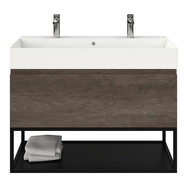 Domburg badmeubel 100 cm olm donker grijs met keramische Marken wastafel wit mat, 2 kraangaten