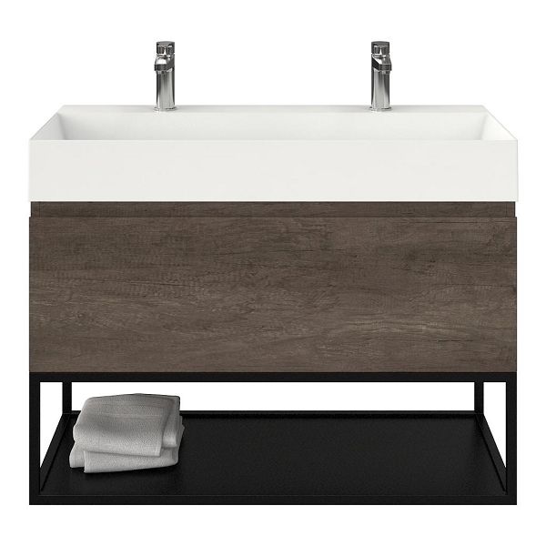 Domburg badmeubel 100 cm olm donker grijs met keramische Marken wastafel wit glans, 2 kraangaten