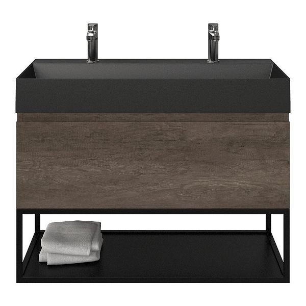 Domburg badmeubel 100 cm olm donker grijs met keramische Marken wastafel zwart mat, 2 kraangaten