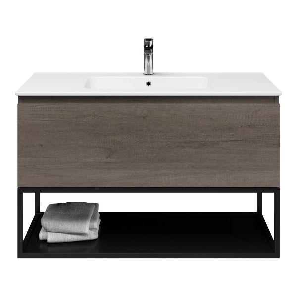 Domburg badmeubel 100 cm olm donker grijs met keramische Quadra wastafel wit glans