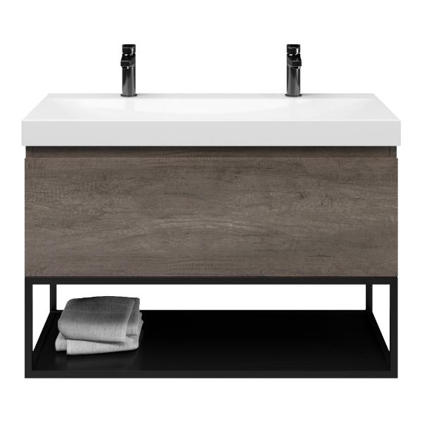 Domburg badmeubel 100 cm olm donker grijs met keramische Rockanje wastafel wit glans, 2 kraangaten