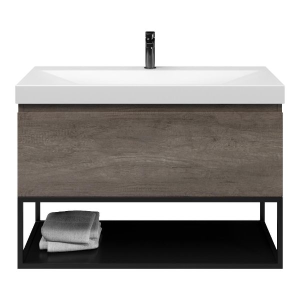 Domburg badmeubel 100 cm olm donker grijs met keramische Rockanje wastafel wit mat, 1 kraangat