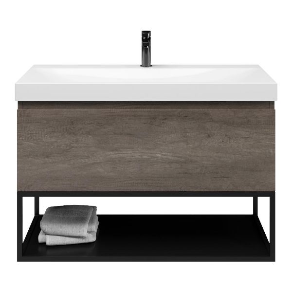 Domburg badmeubel 100 cm olm donker grijs met keramische Rockanje wastafel wit glans, 1 kraangat
