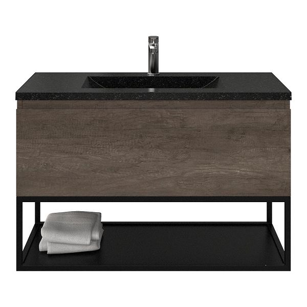 Domburg badmeubel 100 cm olm donker grijs met natuurstenen Huisduinen Stone wastafel blue stone