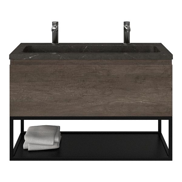 Domburg badmeubel 100 cm olm donker grijs met natuurstenen Square wastafel blue stone, 2 kraangaten