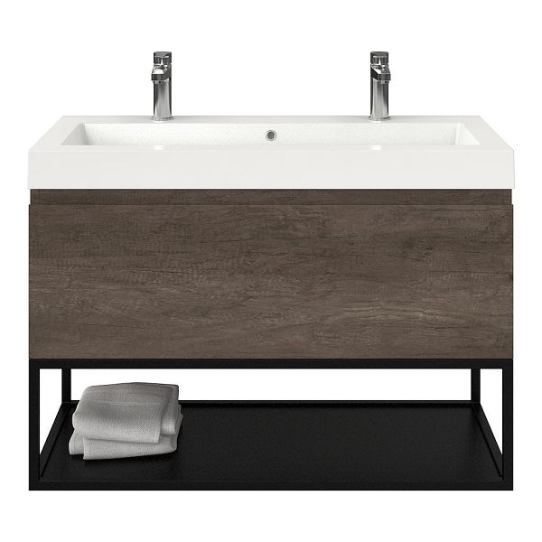 Domburg badmeubel 100 cm olm donker grijs met polystone Cadzand wastafel wit glans, 2 kraangaten, 70 cm hoog