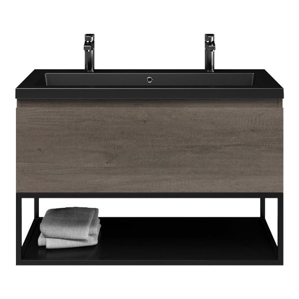 Domburg badmeubel 100 cm olm donker grijs met polystone Cadzand wastafel zwart mat, 2 kraangaten