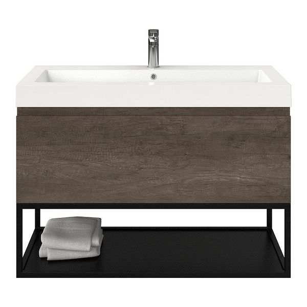 Domburg badmeubel 100 cm olm donker grijs met polystone Cadzand wastafel wit glans, 1 kraangat, 70 cm hoog