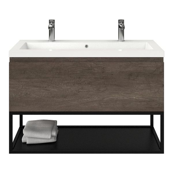 Domburg badmeubel 100 cm olm donker grijs met polystone Cadzand wastafel wit glans, 2 kraangaten, 66 cm hoog