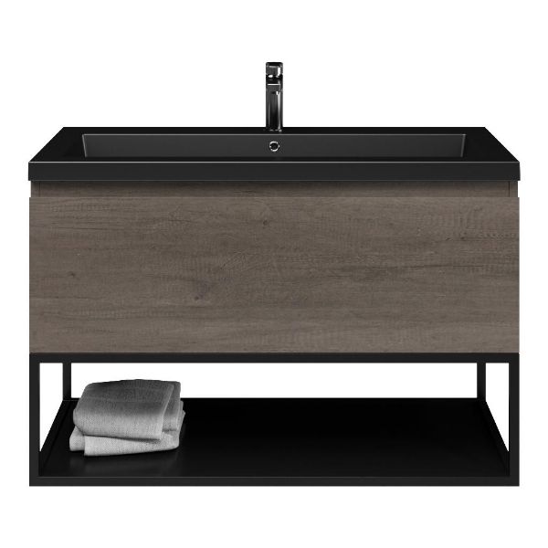 Domburg badmeubel 100 cm olm donker grijs met polystone Cadzand wastafel zwart mat, 1 kraangat