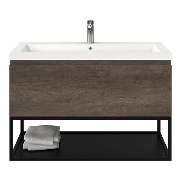 Domburg badmeubel 100 cm olm donker grijs met polystone Cadzand wastafel wit glans, 1 kraangat, 66 cm hoog