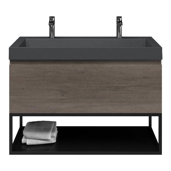 Domburg badmeubel 100 cm olm donker grijs met polystone Haamstede wastafel grijs mat, 2 kraangaten