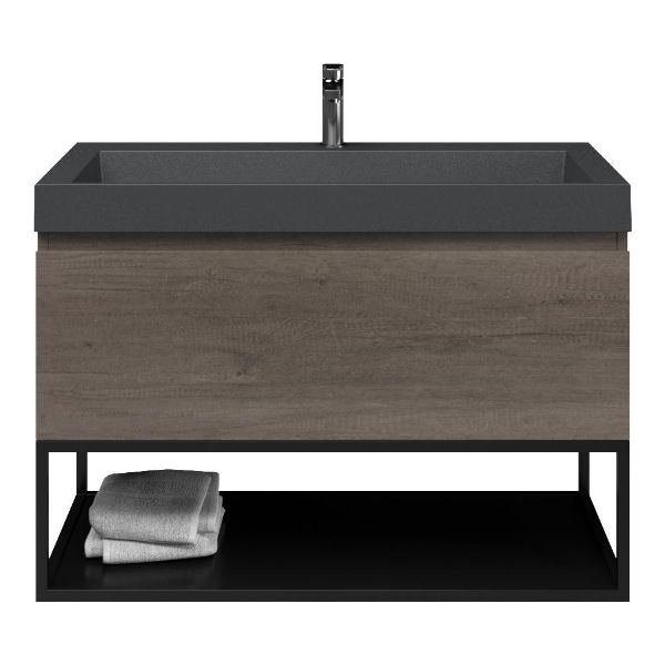 Domburg badmeubel 100 cm olm donker grijs met polystone Haamstede wastafel grijs mat, 1 kraangat