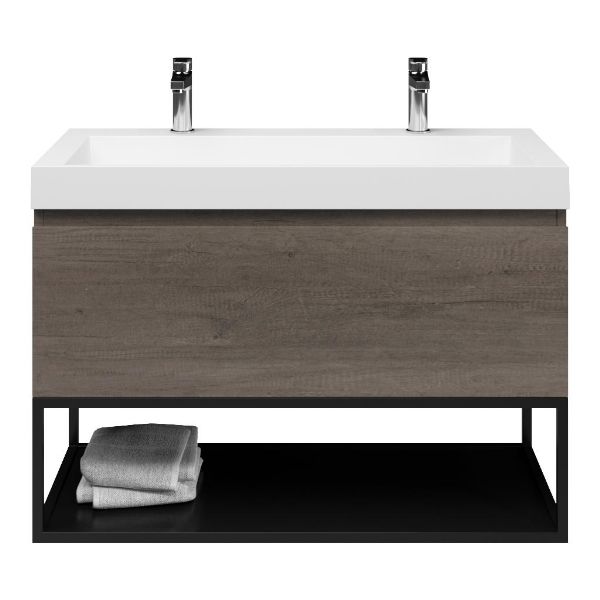 Domburg badmeubel 100 cm olm donker grijs met polystone Haamstede wastafel wit glans, 2 kraangaten