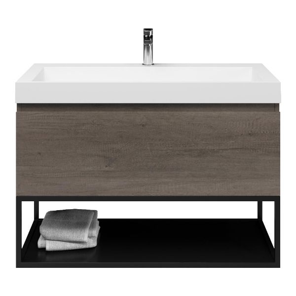 Domburg badmeubel 100 cm olm donker grijs met polystone Haamstede wastafel wit glans, 1 kraangat