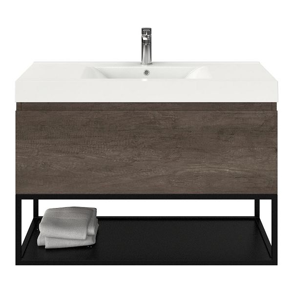 Domburg badmeubel 100 cm olm donker grijs met polystone Wave wastafel wit glans