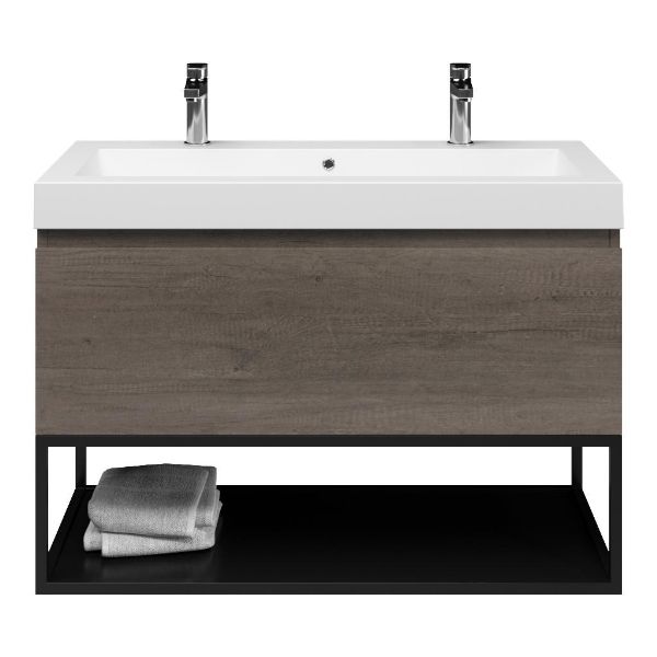 Domburg badmeubel 100 cm olm donker grijs met quartz Cadzand-Q wastafel wit mat, 2 kraangaten