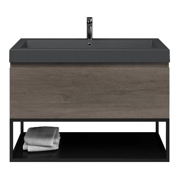 Domburg badmeubel 100 cm olm donker grijs met quartz Cadzand-Q wastafel grijs mat, 1 kraangat, mat zwart metalen frame