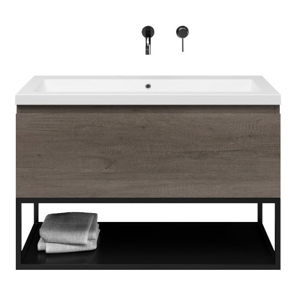 Domburg badmeubel 100 cm olm donker grijs met quartz Cadzand-Q wastafel wit mat, zonder kraangat