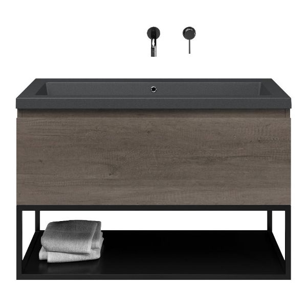 Domburg badmeubel 100 cm olm donker grijs met quartz Cadzand-Q wastafel grijs mat, zonder kraangat