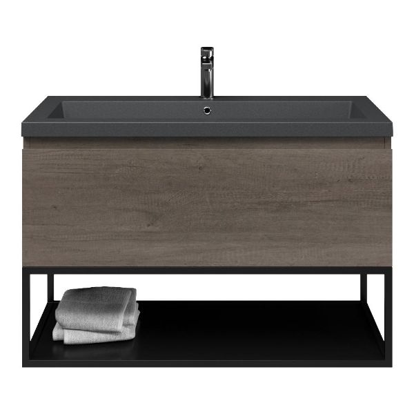 Domburg badmeubel 100 cm olm donker grijs met quartz Cadzand-Q wastafel grijs mat, 1 kraangat, mat zwart metalen frame