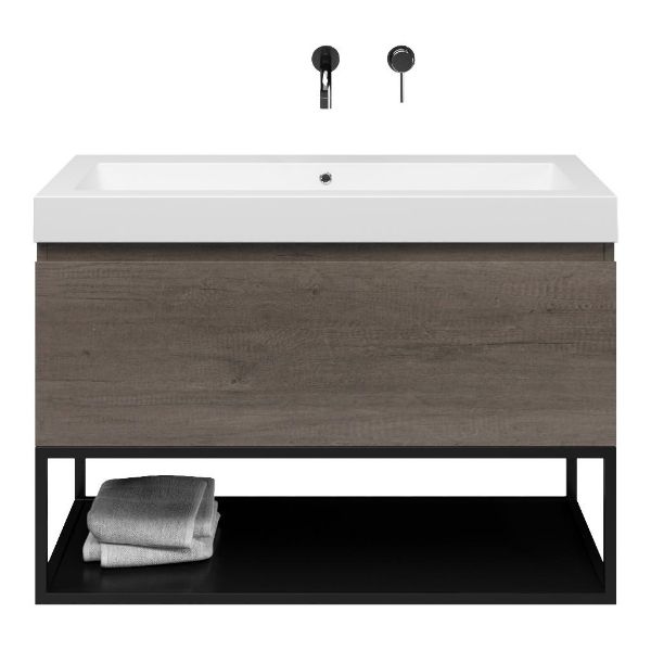 Domburg badmeubel 100 cm olm donker grijs met quartz Cadzand-Q wastafel wit mat, zonder kraangat
