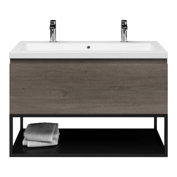 Domburg badmeubel 100 cm olm donker grijs met quartz Cadzand-Q wastafel wit mat, 2 kraangaten