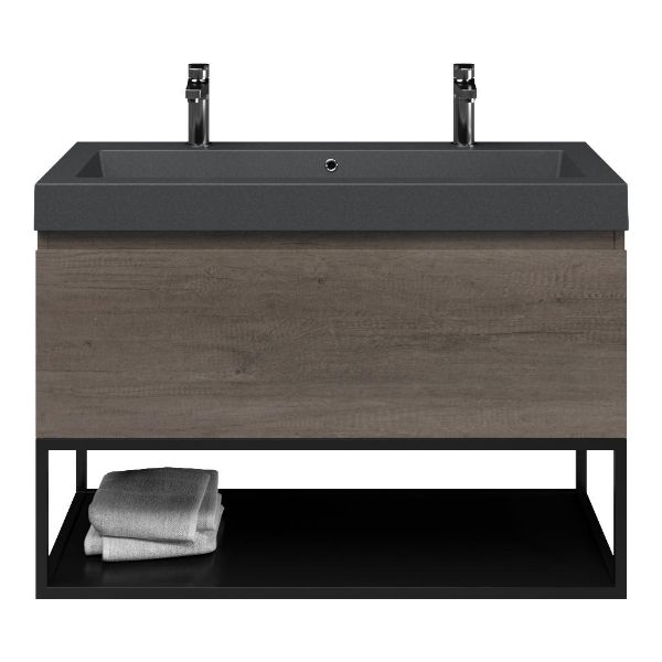 Domburg badmeubel 100 cm olm donker grijs met quartz Cadzand-Q wastafel grijs mat, 2 kraangaten