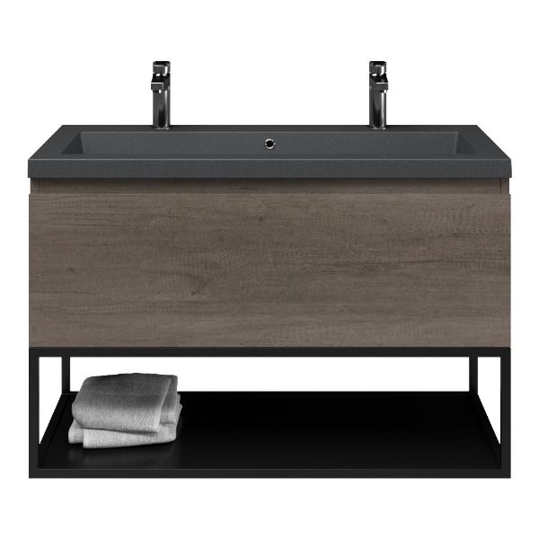 Domburg badmeubel 100 cm olm donker grijs met quartz Cadzand-Q wastafel grijs mat, 2 kraangaten