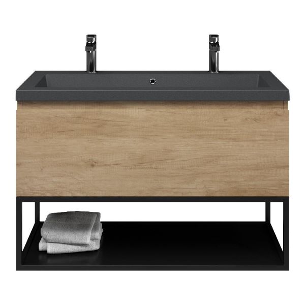 Domburg badmeubel 100 cm olm met quartz Cadzand-Q wastafel grijs mat, 2 kraangaten