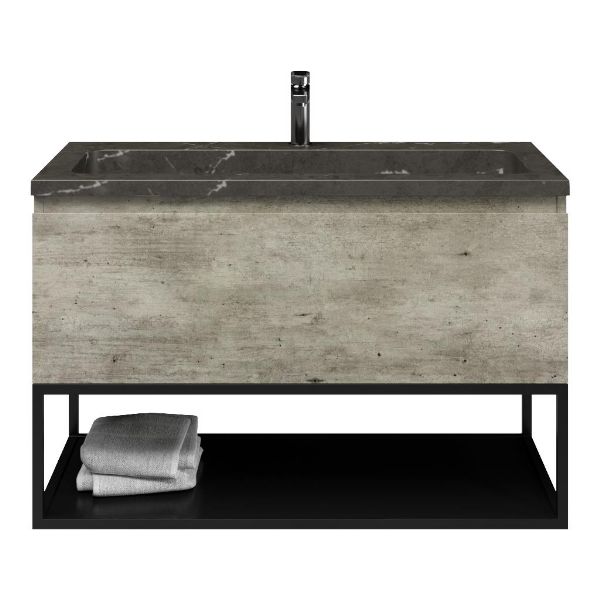 Domburg badmeubel 100 cm steigerhout look grijs met natuurstenen Square wastafel blue stone