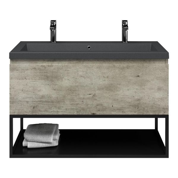Domburg badmeubel 100 cm steigerhout look grijs met quartz Cadzand-Q wastafel grijs mat, 2 kraangaten