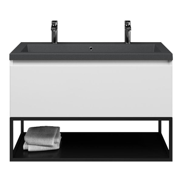 Domburg badmeubel 100 cm wit hoogglans met quartz Cadzand-Q wastafel grijs mat, 2 kraangaten