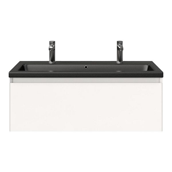 Domburg badmeubel 100 cm wit mat met keramische Dishoek wastafel zwart mat, 2 kraangaten